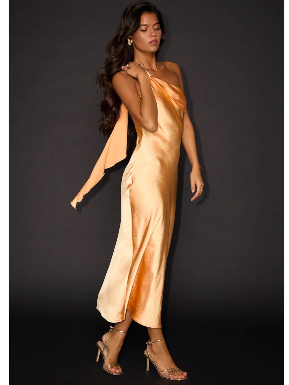Lulus Naima Light Orange Satin One-Shoulder Midi Dress Cocktail Event Large